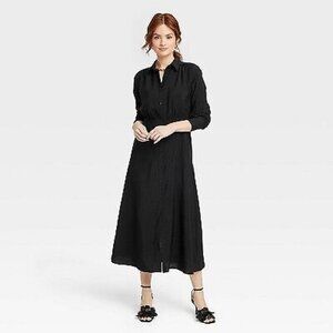 A New Day Long Sleeve Collared Crepe Midi Shirt Dress Black Size L Office Retro